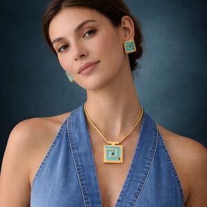 18K Gold Plated Stainless Steel Blue Geometric Maze Necklace Earrings Set